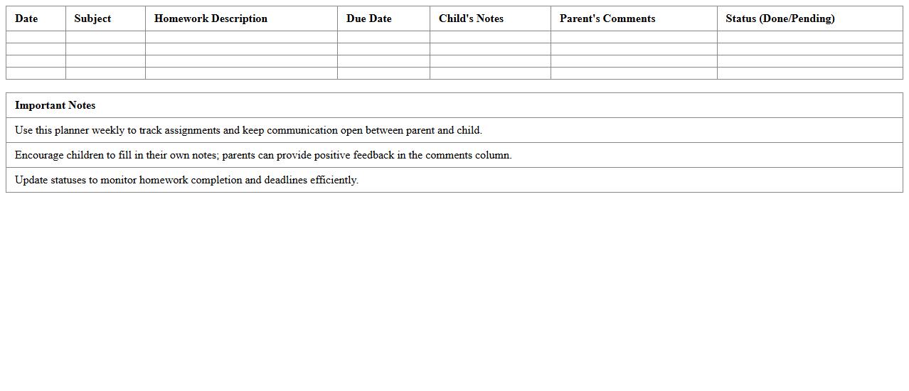 Parent-Child Homework Planner Excel Template