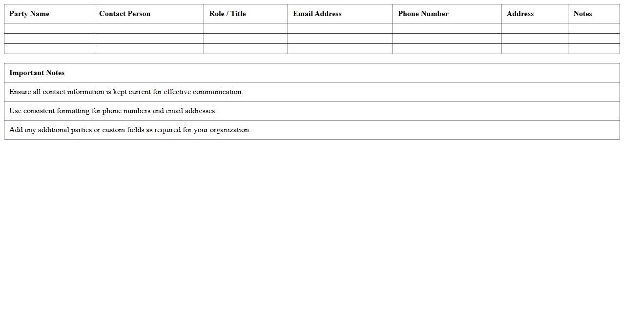 Party Contact Information Excel Template