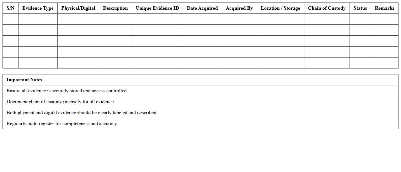 Physical & Digital Evidence Register Template