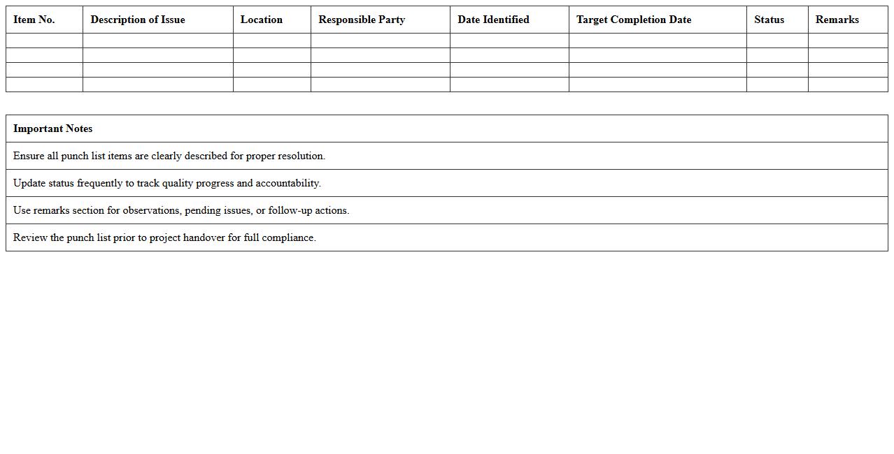 Plumbing Punch List Excel Template for Quality Management