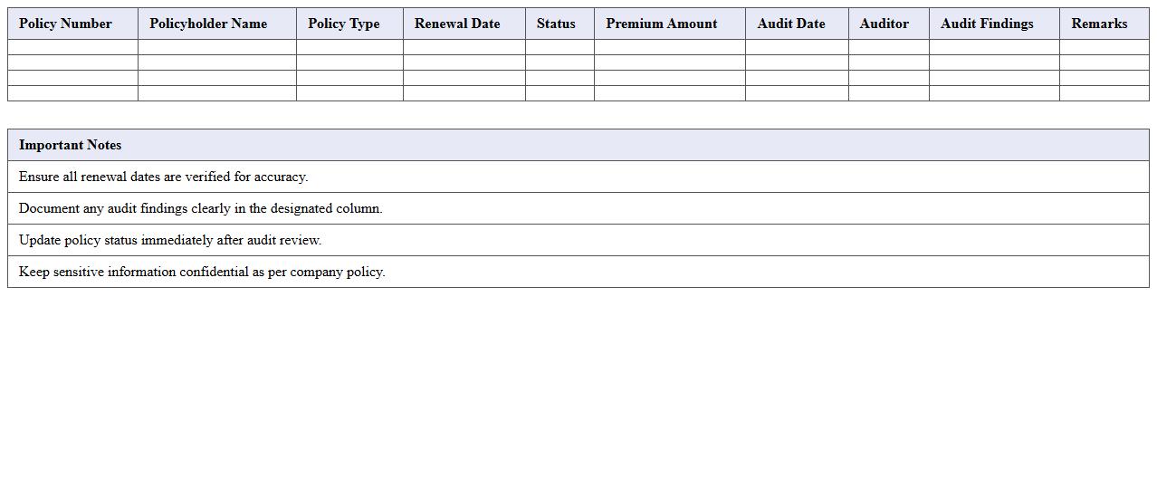 Policy Renewal Audit Tracker Excel
