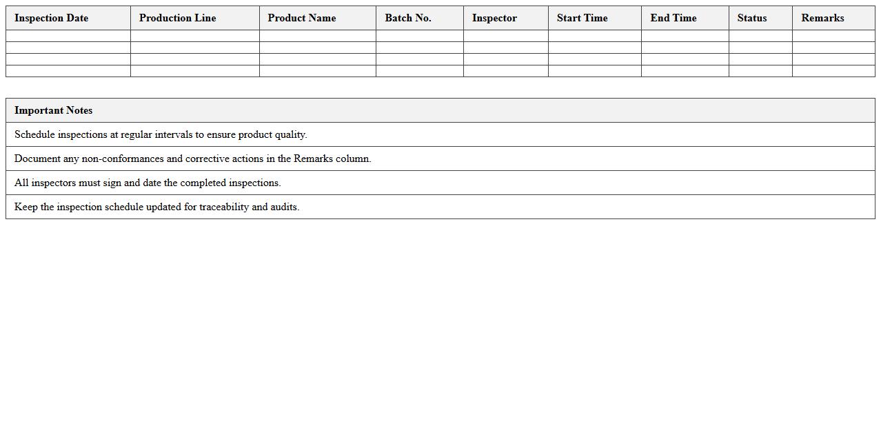 Production Line Inspection Schedule Excel Sheet