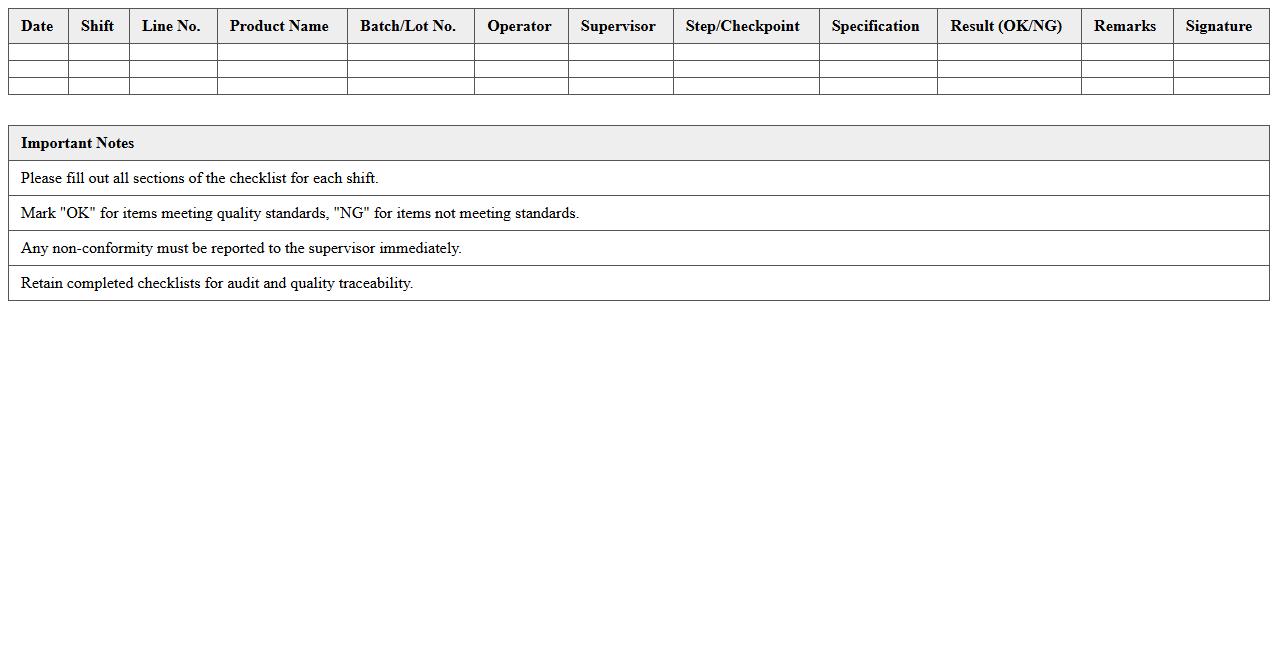 Production Line Quality Checklist Sheet