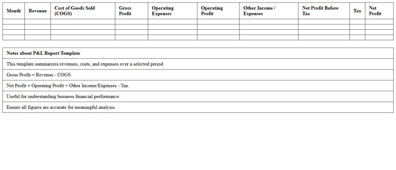 Profit and Loss (P&L) Report Excel Template for Small Businesses
