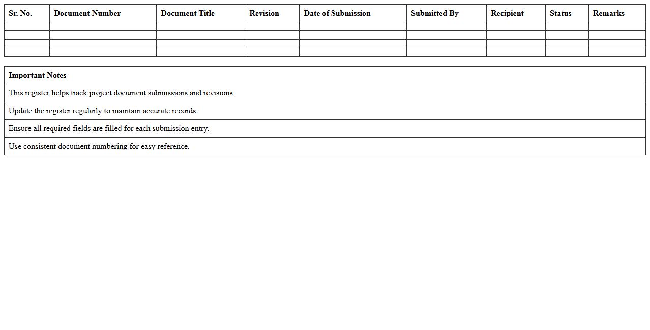Project Document Submission Register Excel Template