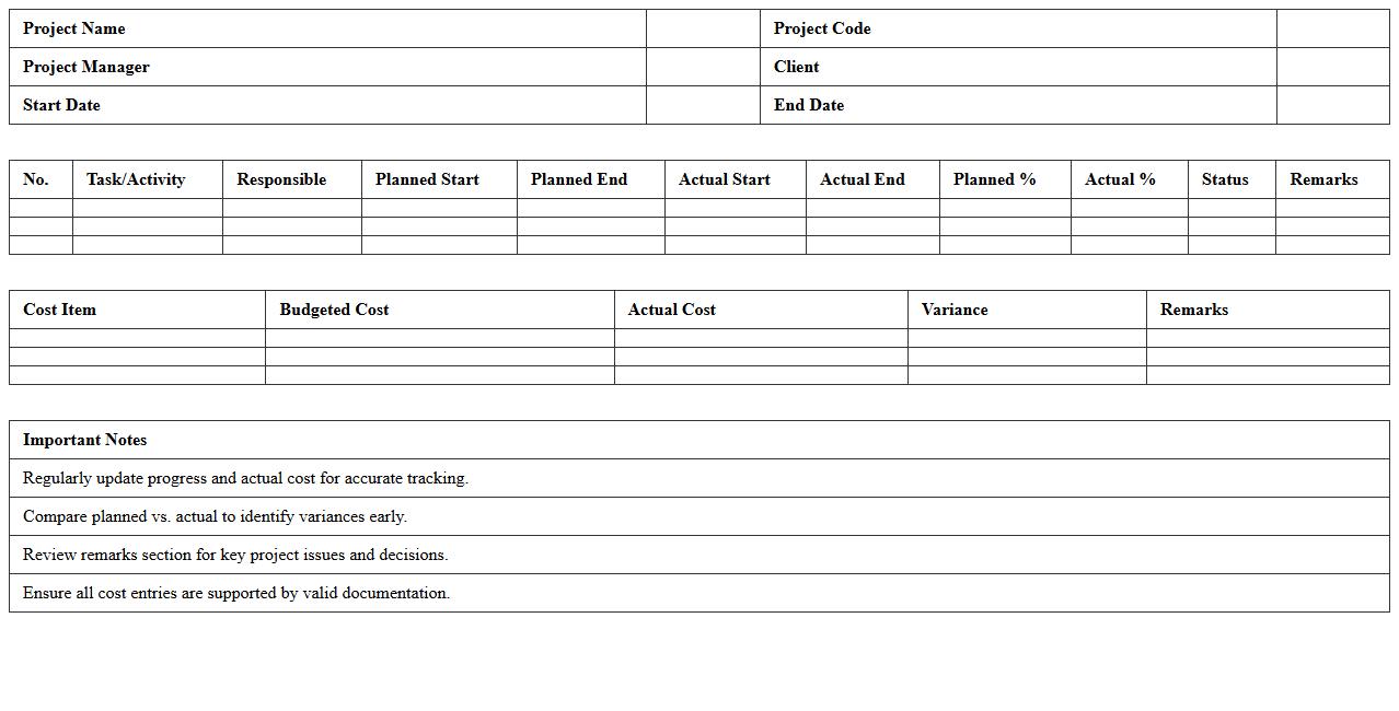 Project Progress & Cost Monitoring Excel Sheet