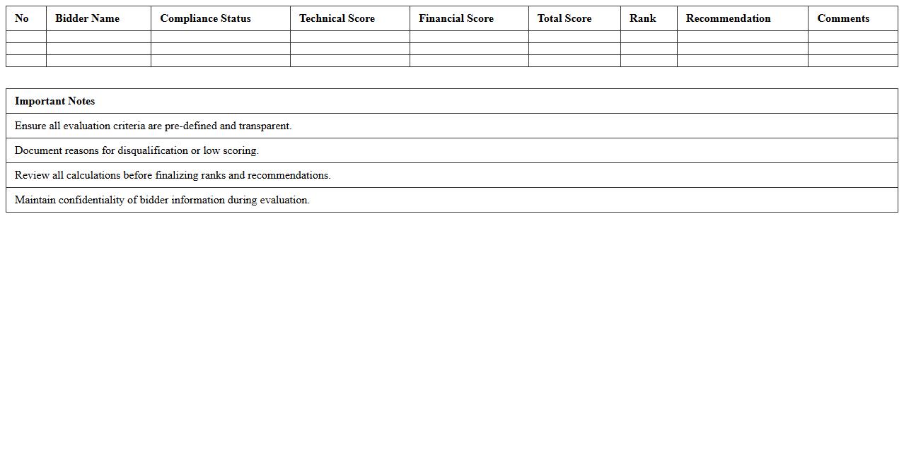 Project Tender Evaluation Excel Spreadsheet