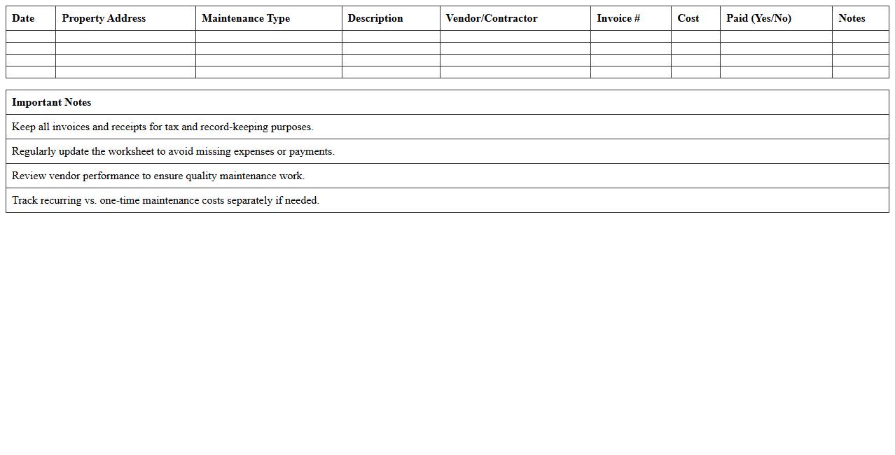 Property Maintenance Cost Tracking Worksheet