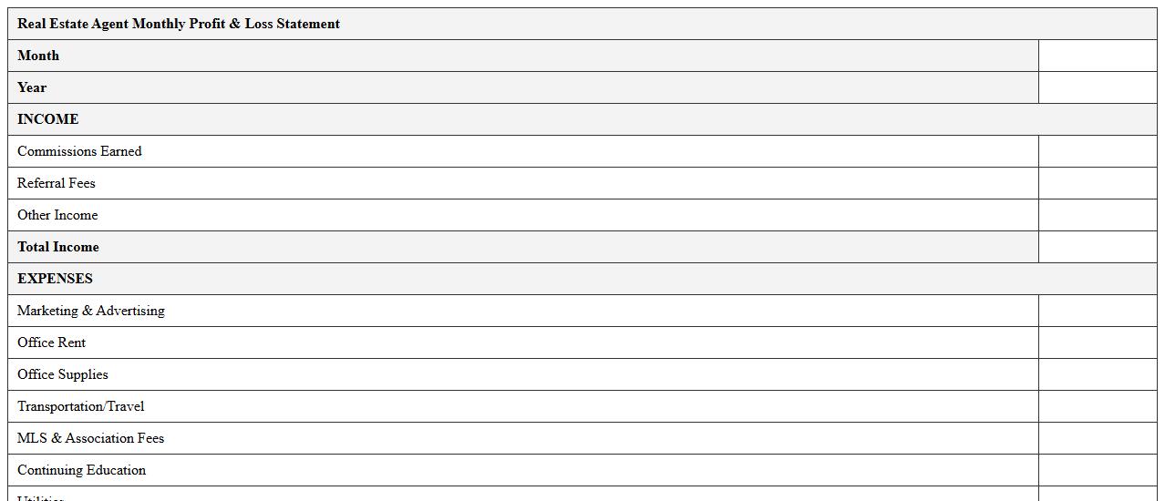 Real Estate Agent Monthly Profit & Loss Statement