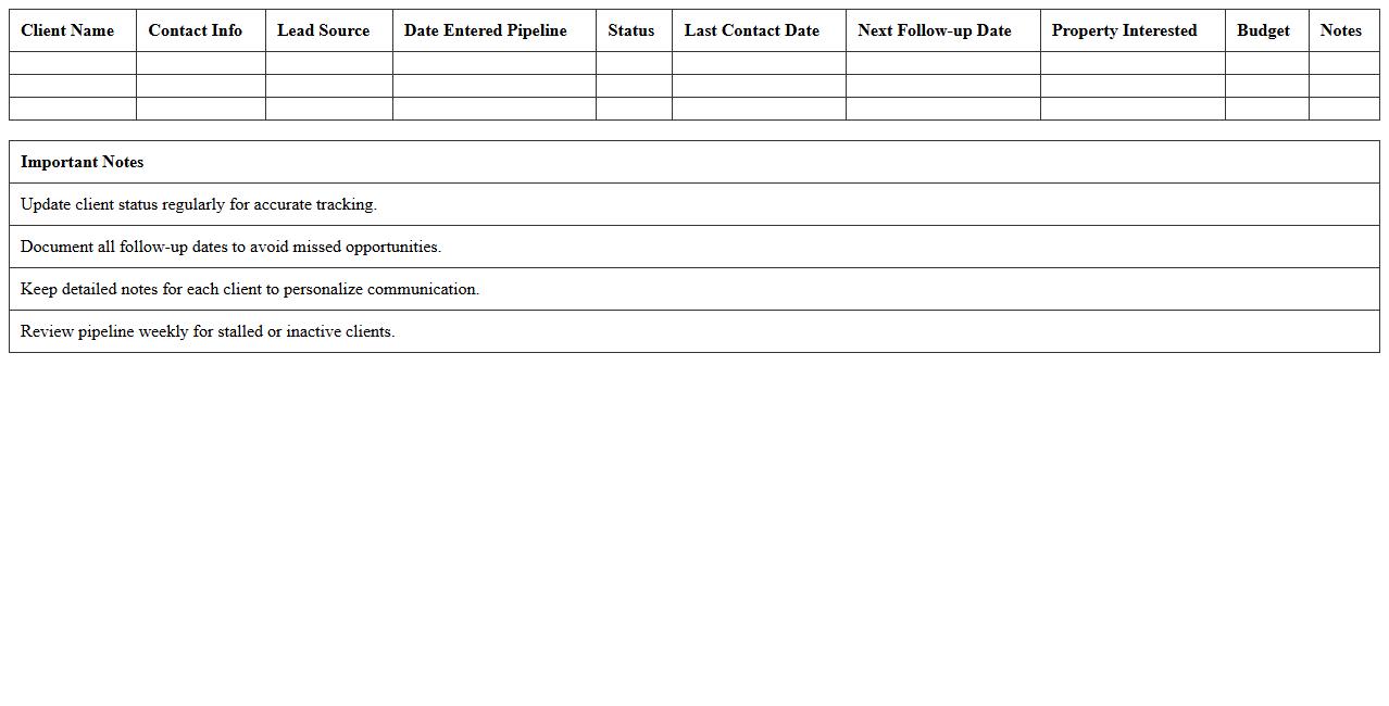 Real Estate Client Progression Pipeline Excel Tracker