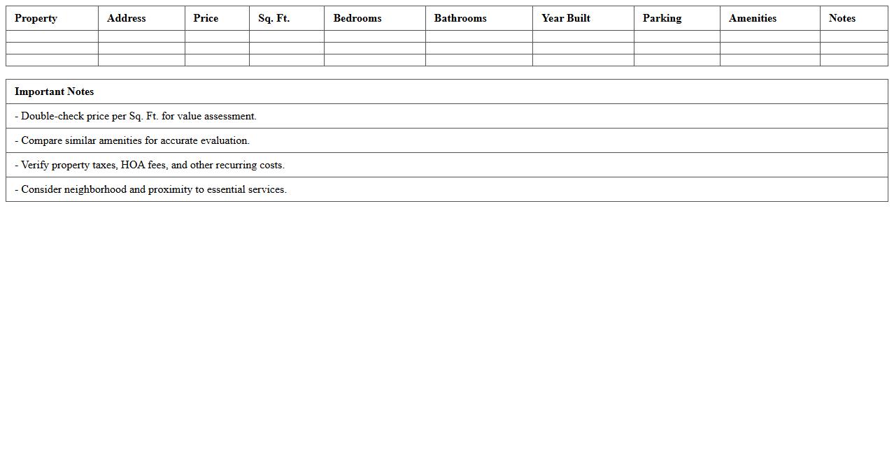 Real Estate Price & Amenity Comparison Sheet