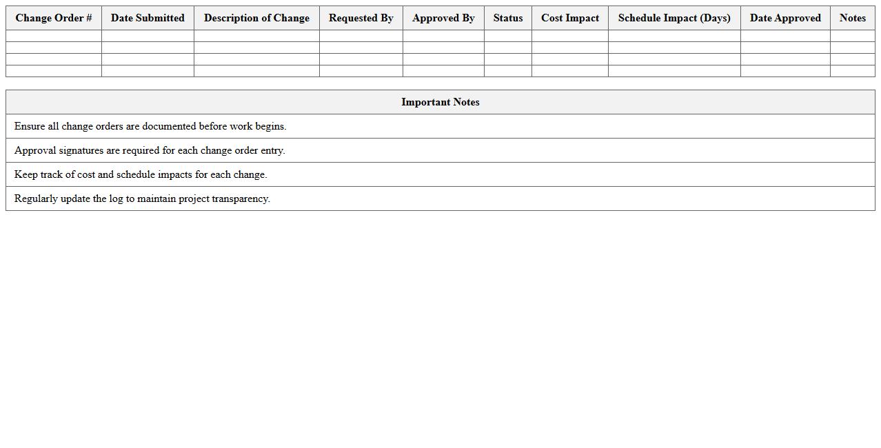 Residential Construction Change Order Log Excel Template