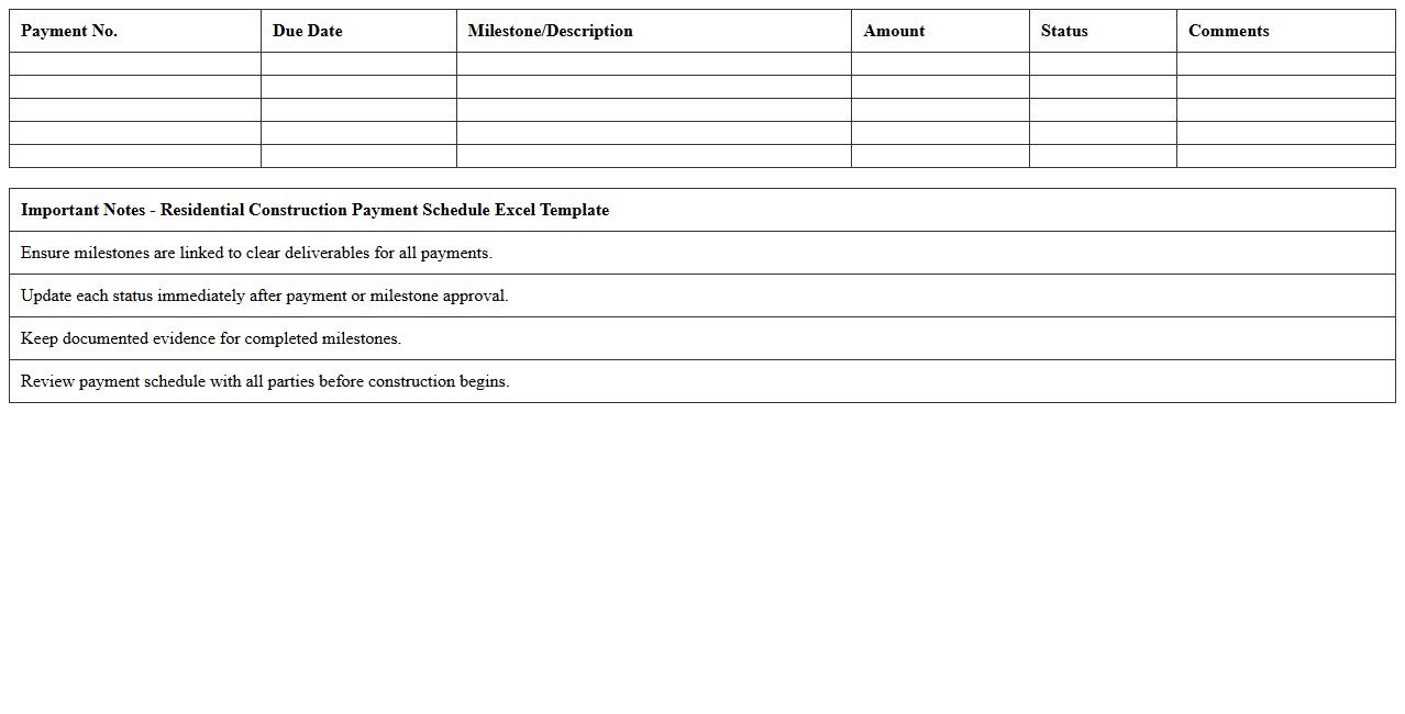 Residential Construction Payment Schedule Excel Template