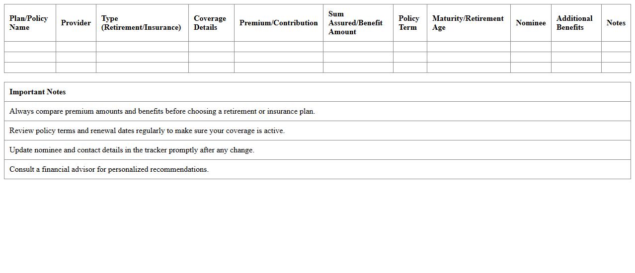 Retirement Benefits and Insurance Comparison Excel Tracker
