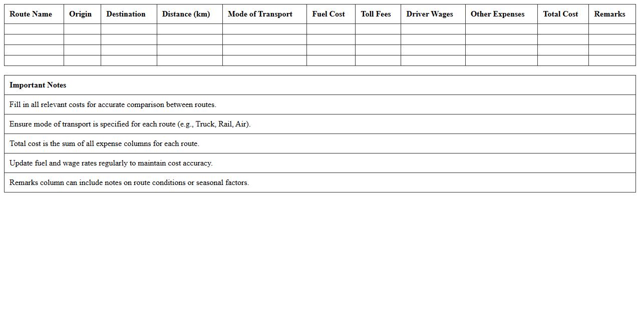 Route-Based Transportation Cost Comparison Excel Template