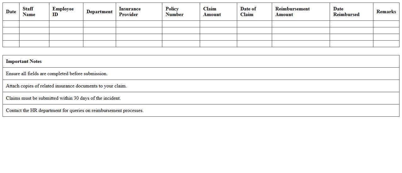 School Staff Insurance Reimbursement Log Excel