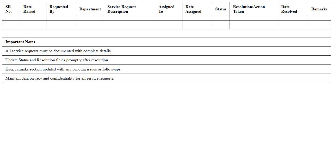 Service Request Resolution Excel Log