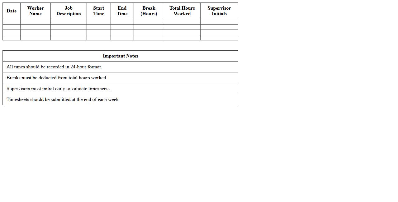 Simple Construction Worker Timesheet Excel