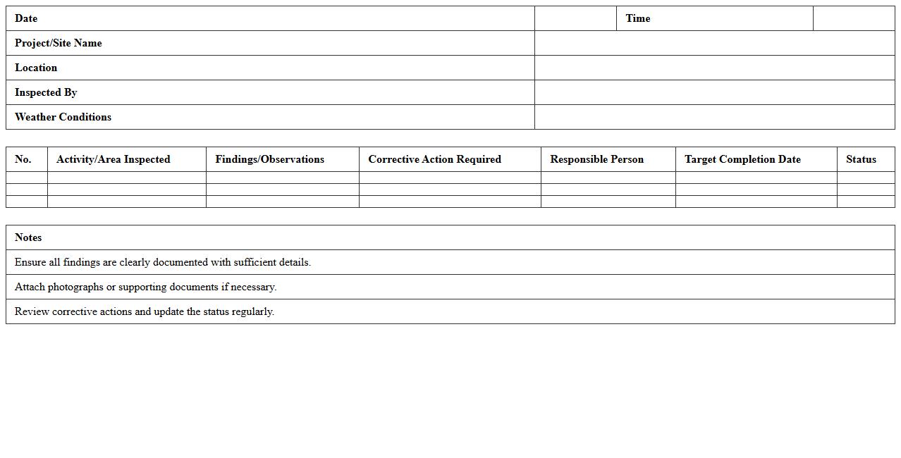 Site Visit Inspection Daily Report Excel Form