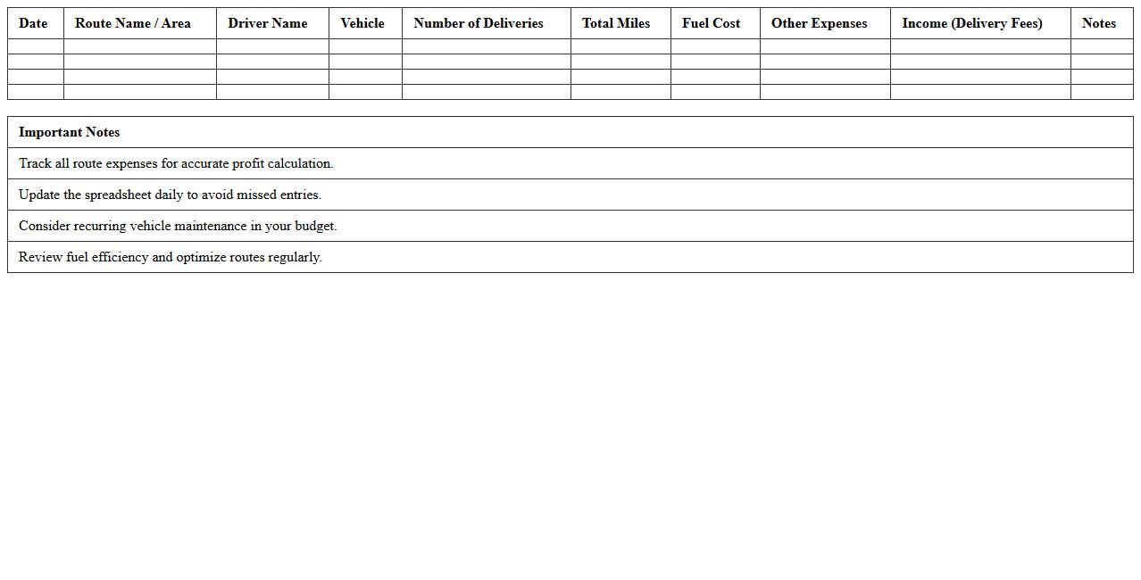 Small Business Delivery Route Budget Spreadsheet