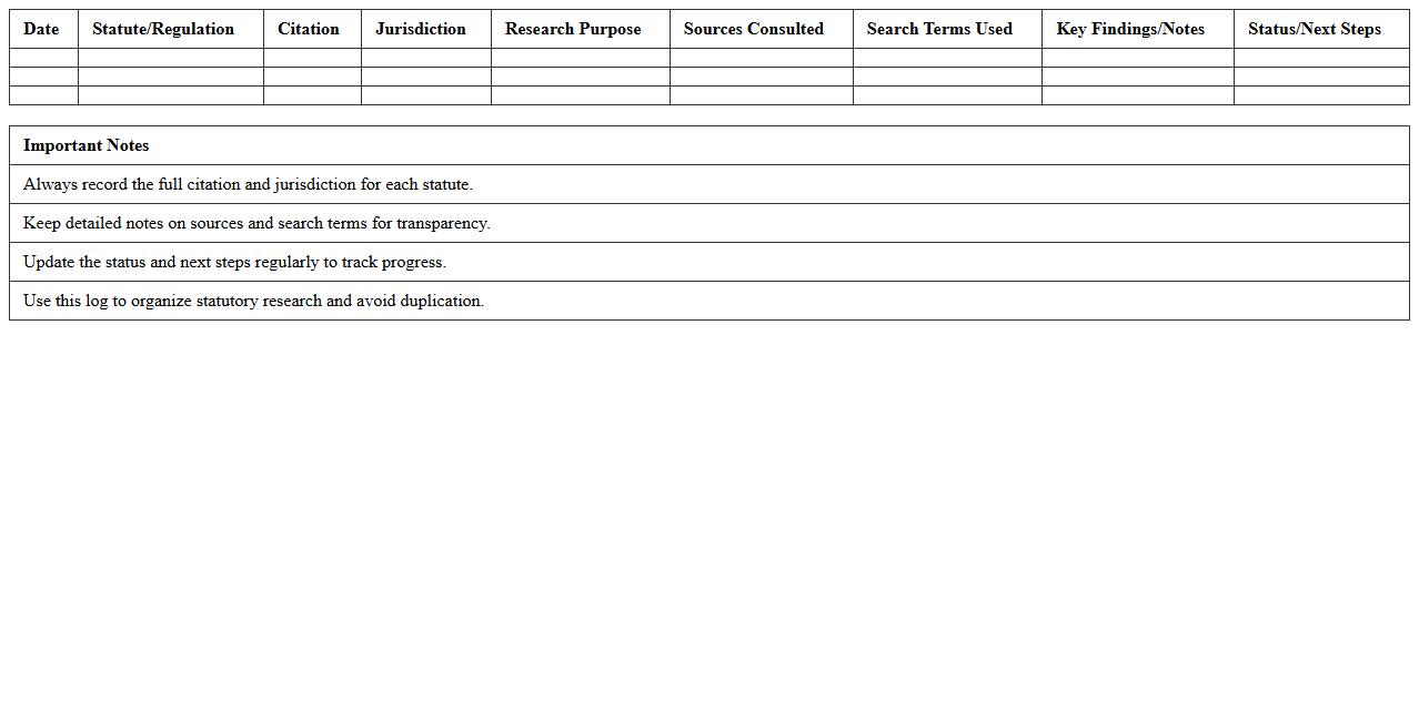Statutory Research Log Excel Template for Law Assignments