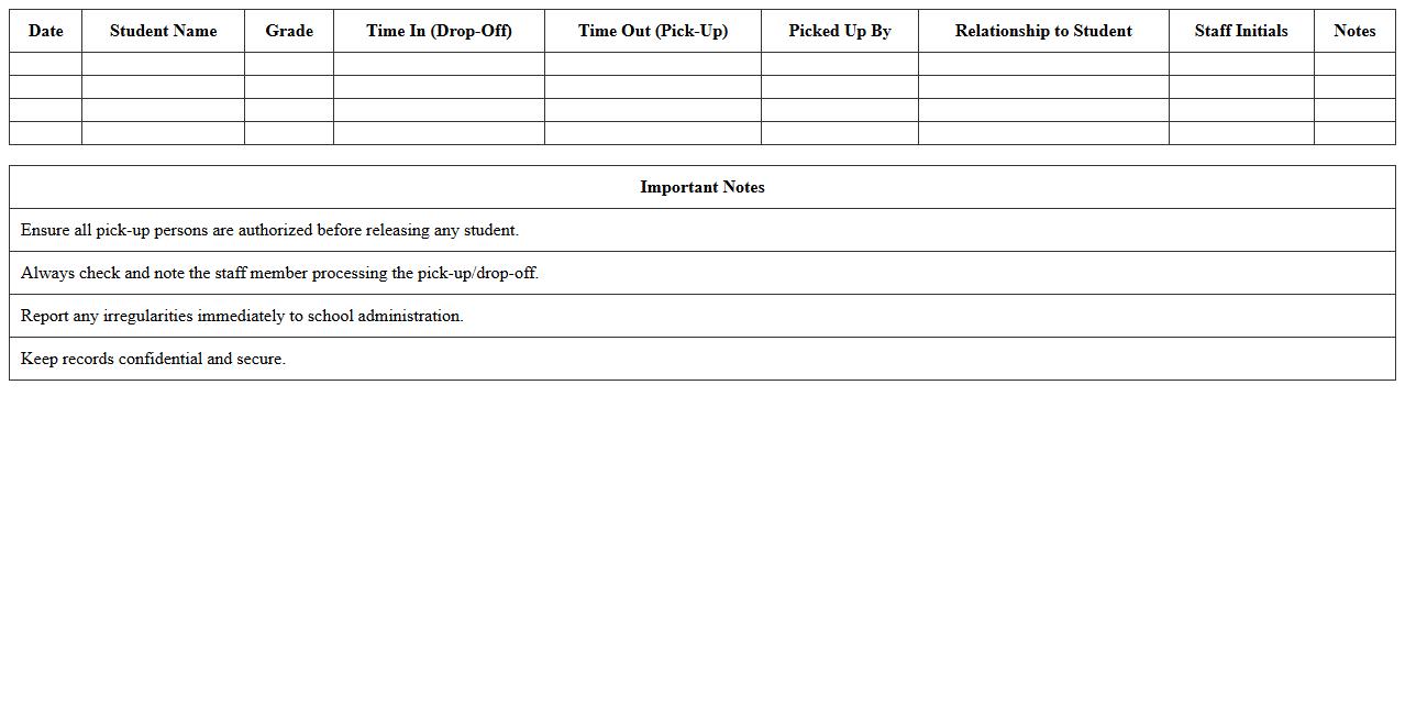 Student Pick-Up and Drop-Off Log Excel