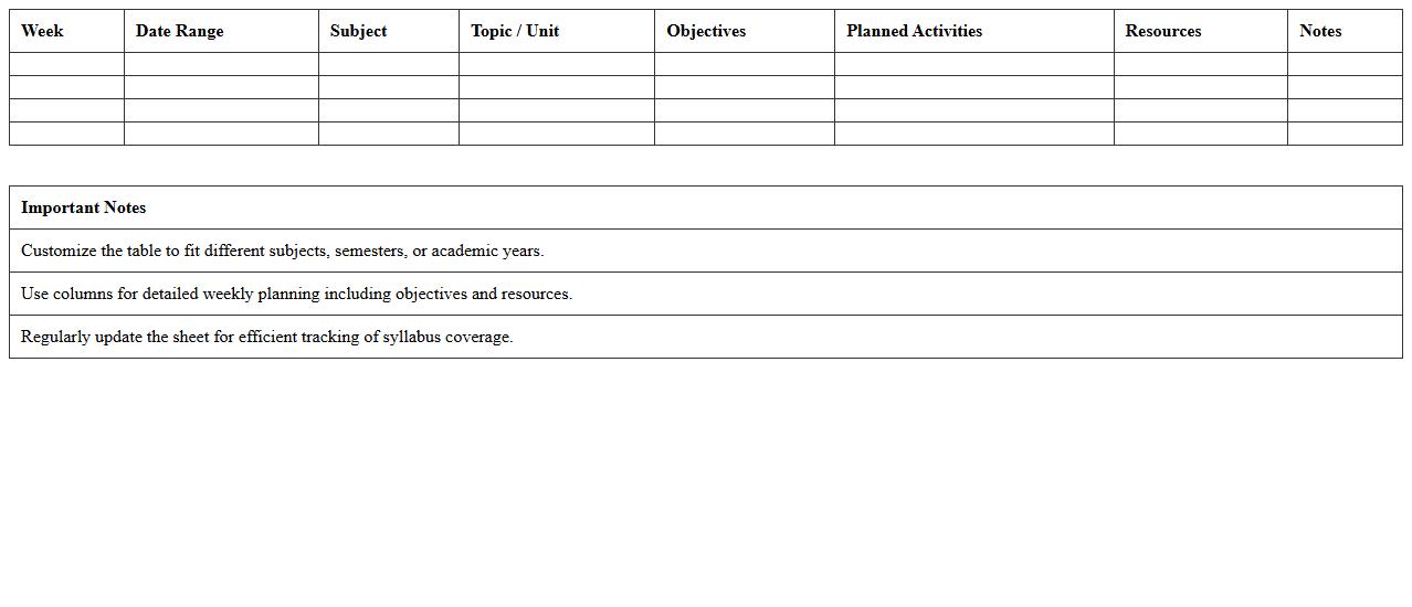 Subject Planning Calendar Excel Sheet