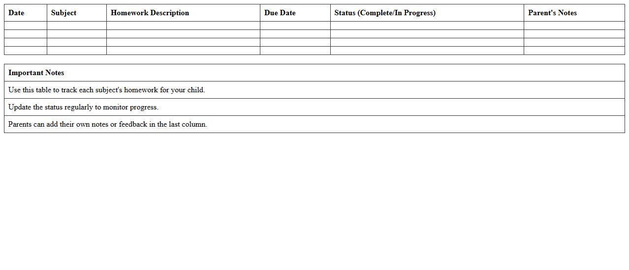 Subject-wise Homework Log Excel Template for Parents