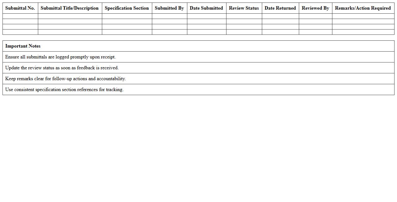 Submittal Review Status Log Excel Template
