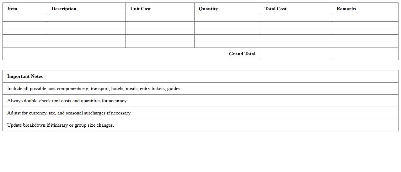 Tour Package Cost Breakdown Excel Template