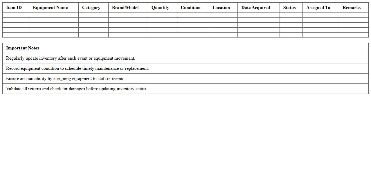 Transport & Logistics Event Equipment Inventory Excel