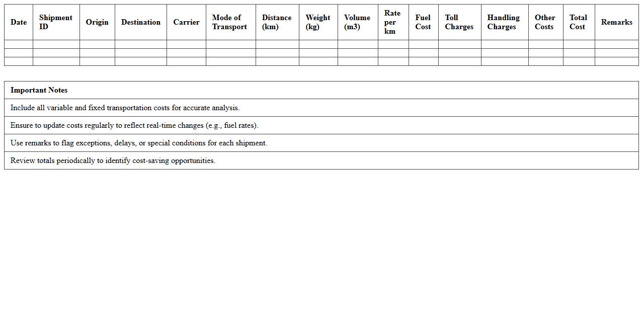Transportation Cost Analysis Excel Sheet for Logistics