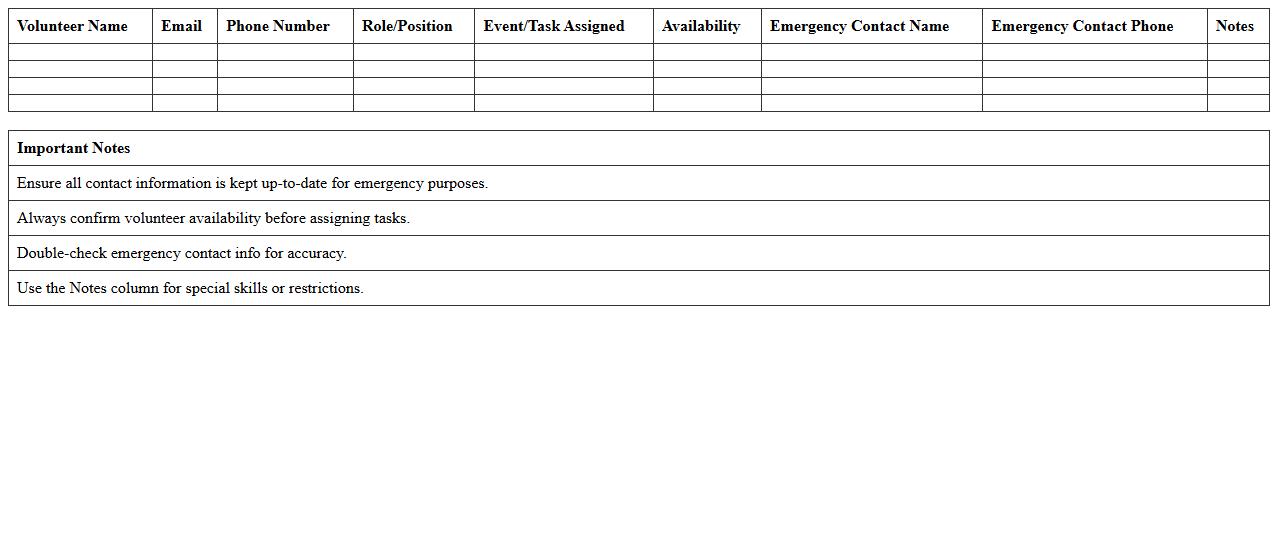 Volunteer Contact List Template for Nonprofit Events