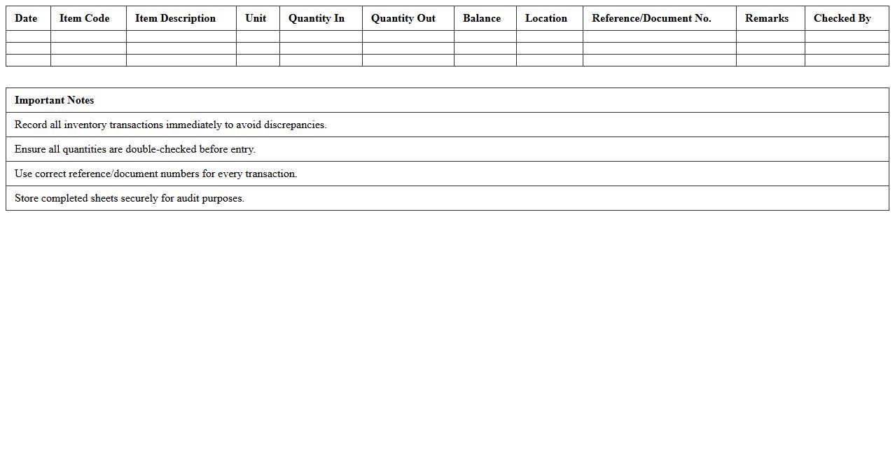 Warehouse Inventory Control Log Sheet Template