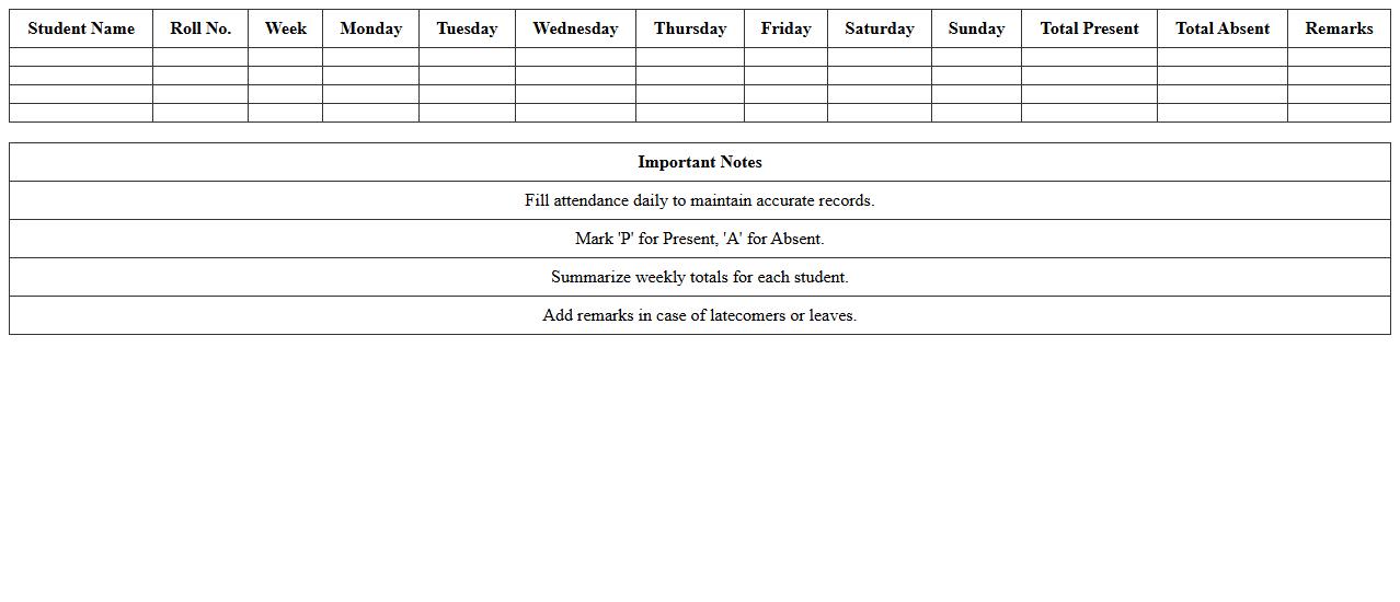 Weekly Student Attendance Register Template