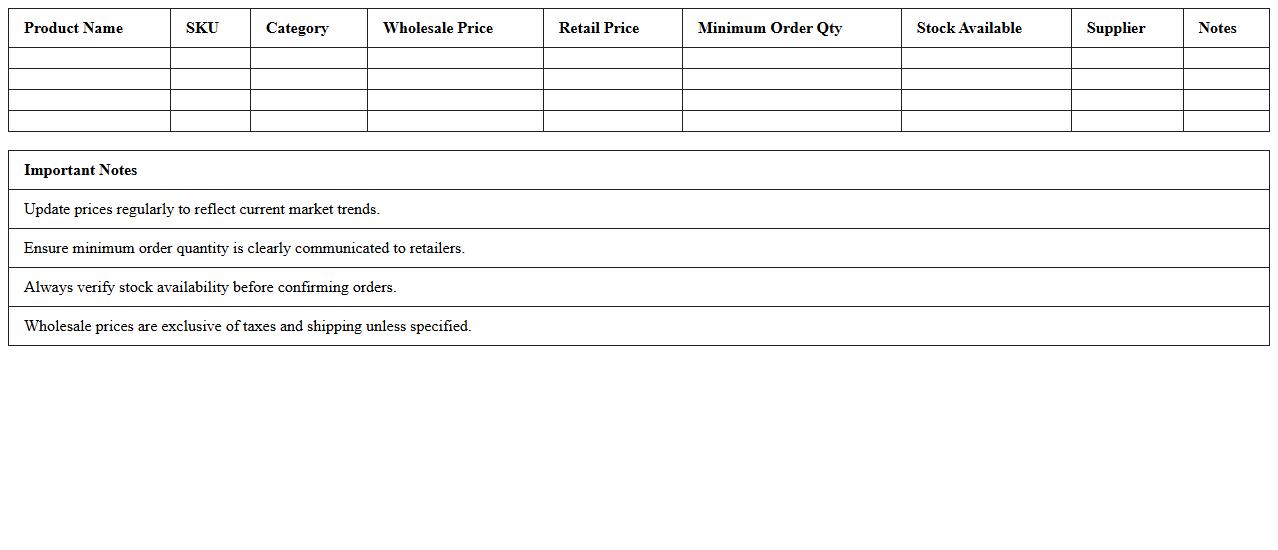 Wholesale Price List Excel Template for Retailers
