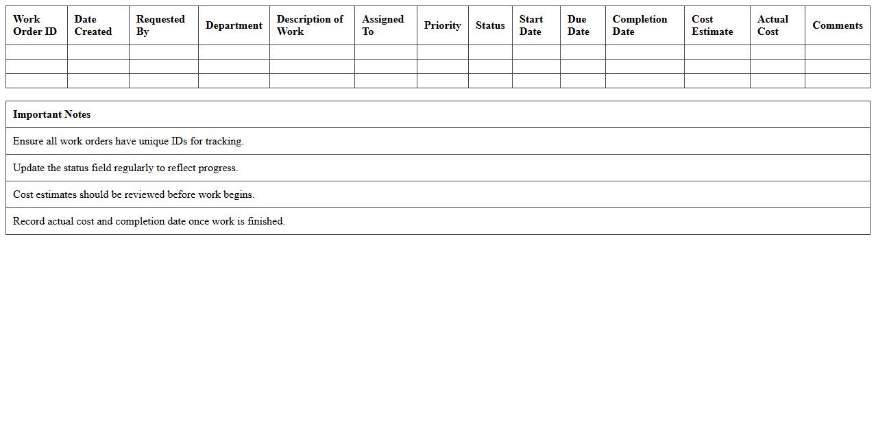 Work Order Management Excel Template