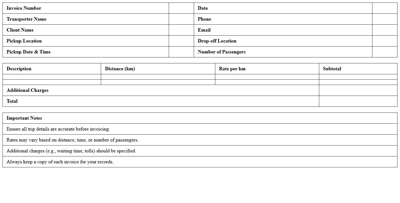 Airport Shuttle Invoice Excel Template for Freelance Transporters