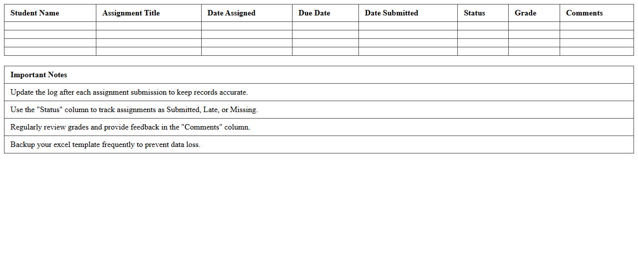 Assignment Submission Log Excel Template for Teachers