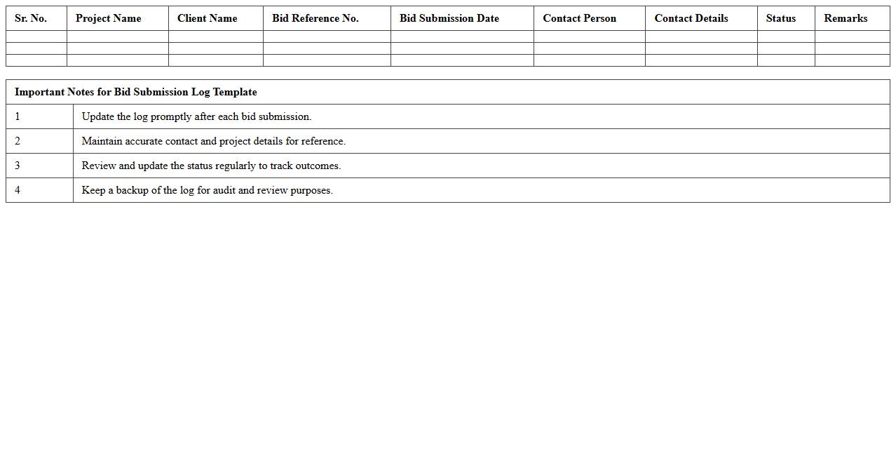 Bid Submission Log Template for Construction Projects