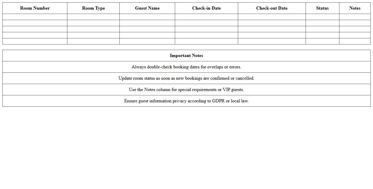 Boutique Hotel Booking Schedule Template