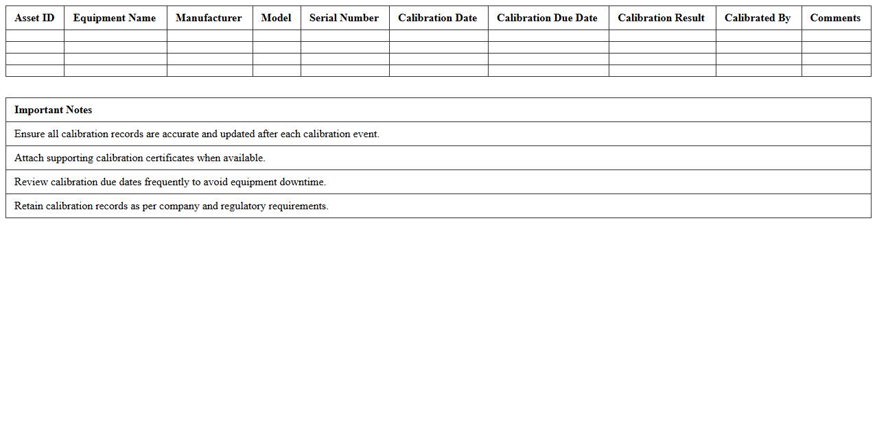 Calibration Record Excel Template for Manufacturing Equipment Assets