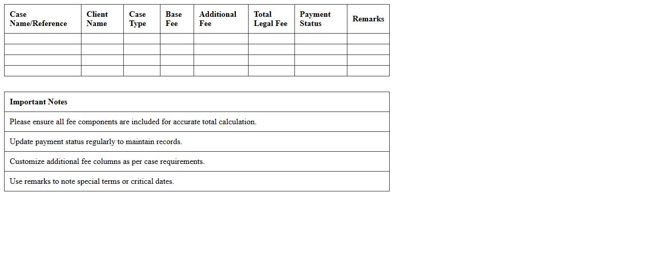 Case-Based Legal Fee Calculator Spreadsheet