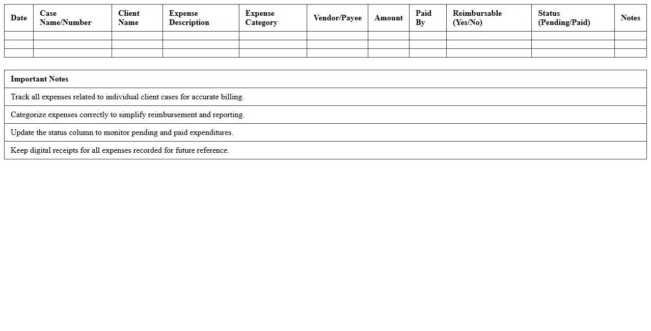 Case Expense Tracker Excel Log for Solo Legal Practitioners