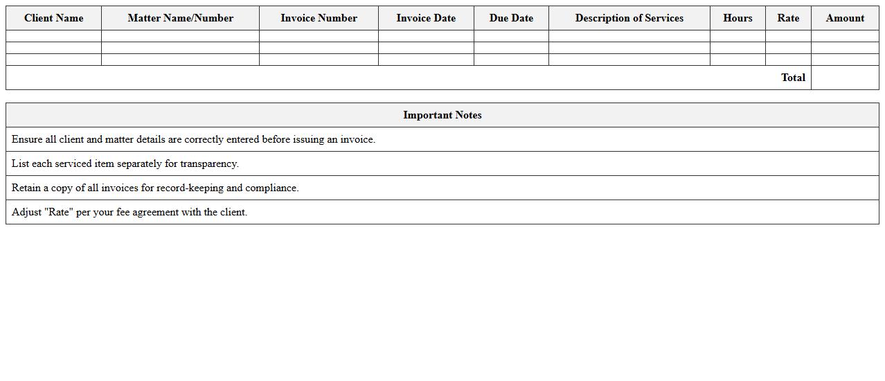 Client Matter Invoice Excel Template for Solo Legal Professionals