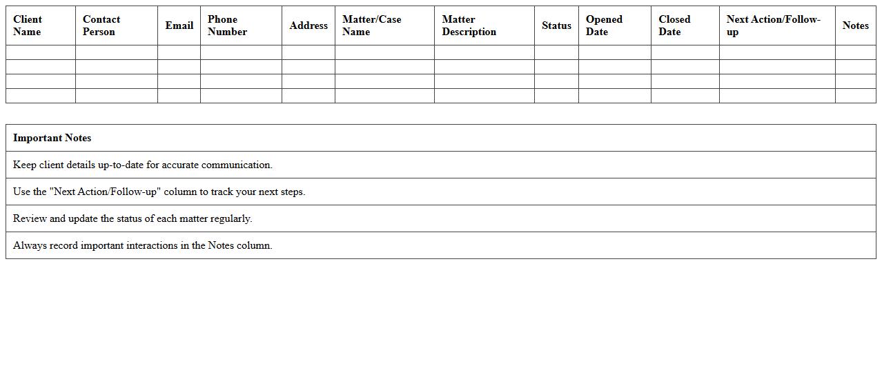Client Matters and Contacts Organizer Sheet