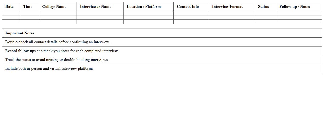 College Interview Scheduling Log Excel Template