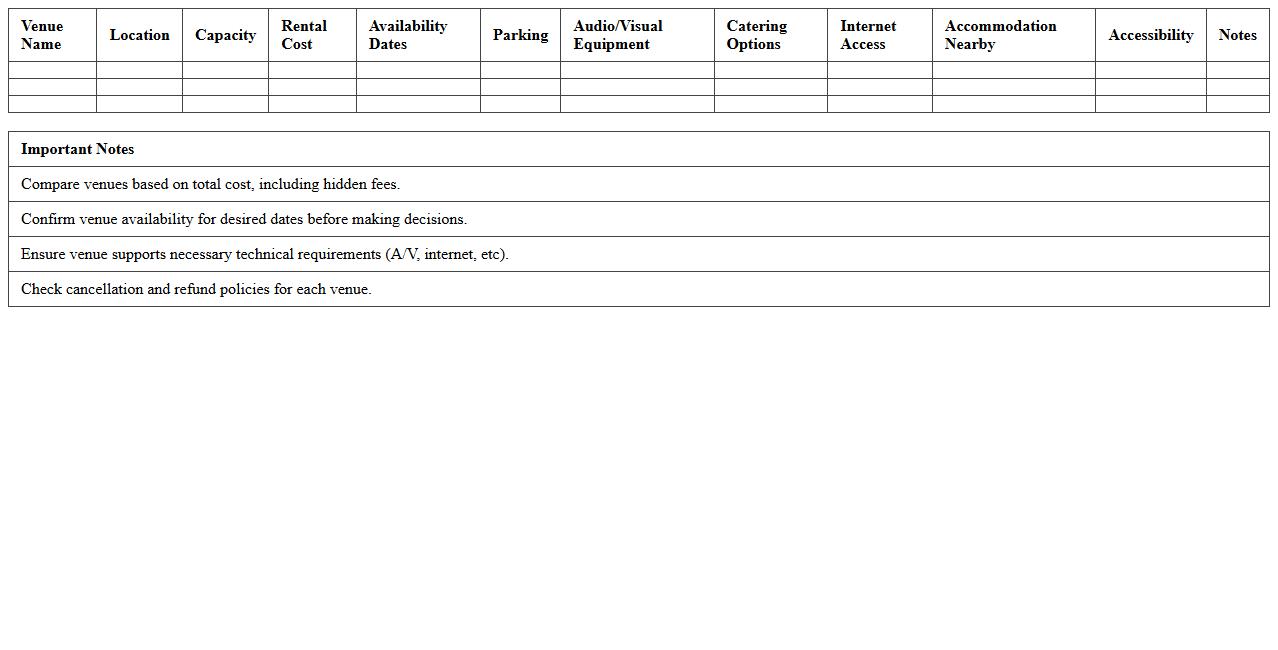Conference Venue Comparison Sheet