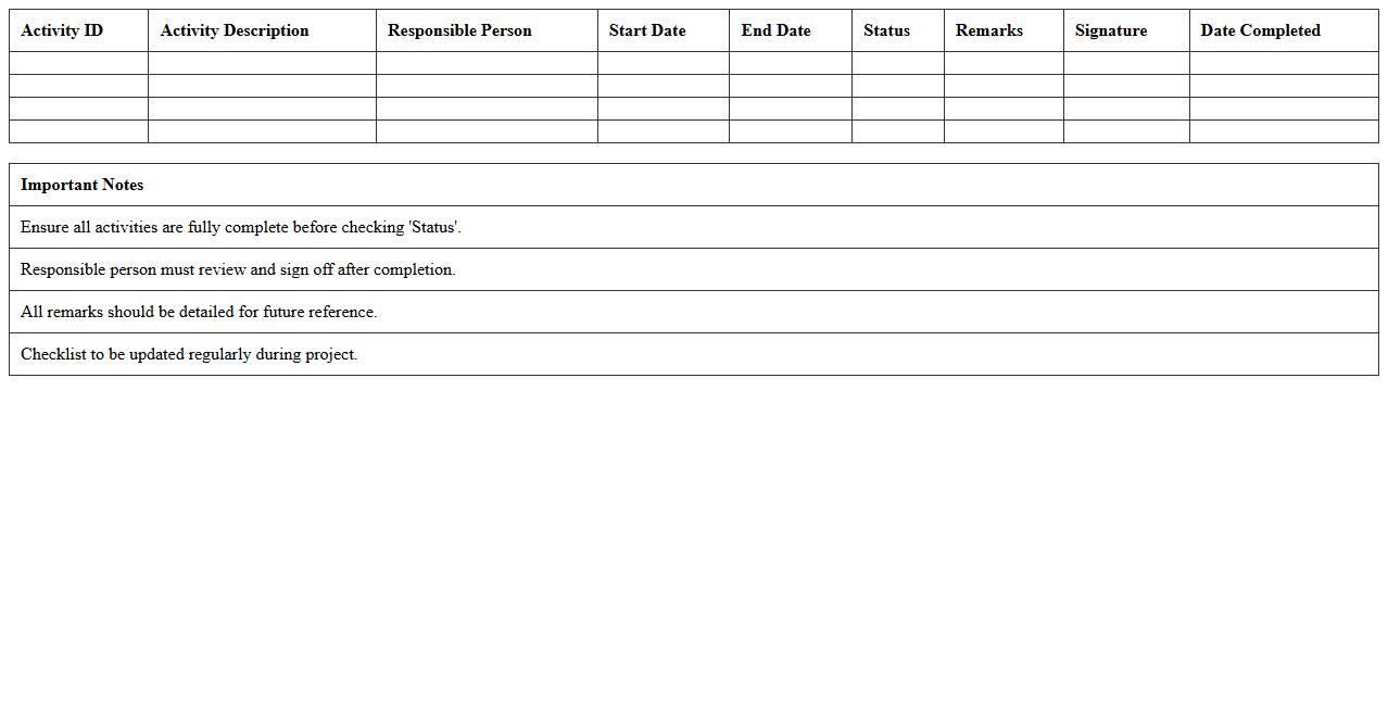 Construction Activity Completion Checklist Excel