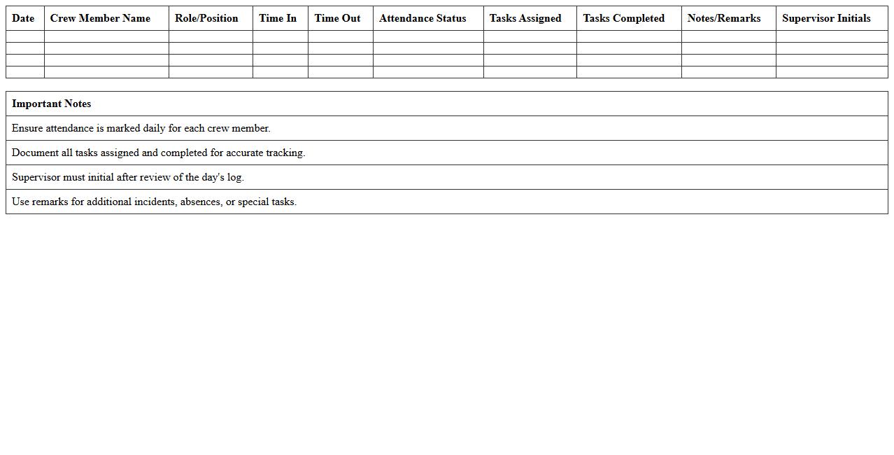 Construction Crew Attendance & Task Log Excel Template